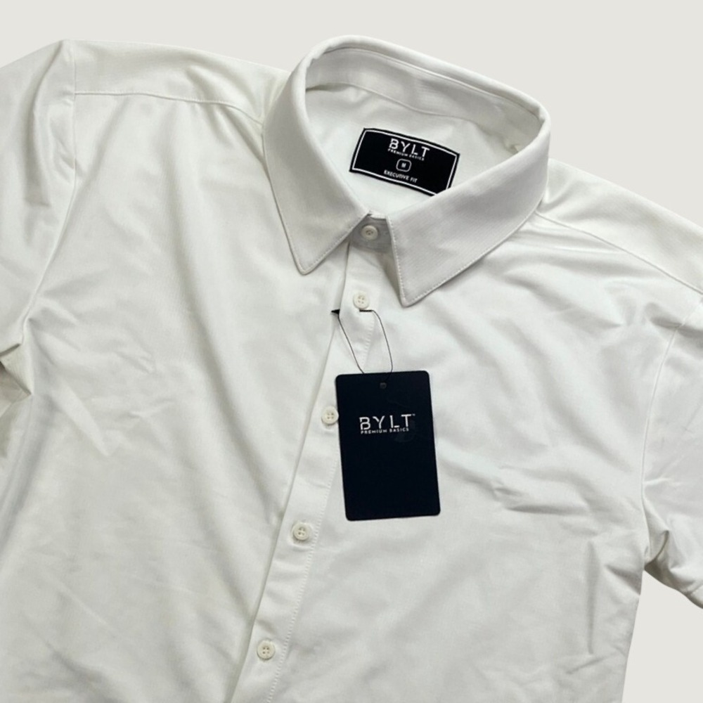 NEW BYLT Men's M Button Down Shirt White Executive Fit Short Sleeve Stretch